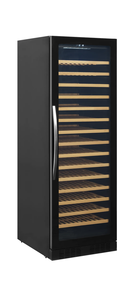 Sleek wine cooler with frameless glass door, showcasing 15 wooden shelves for 165 bottles.