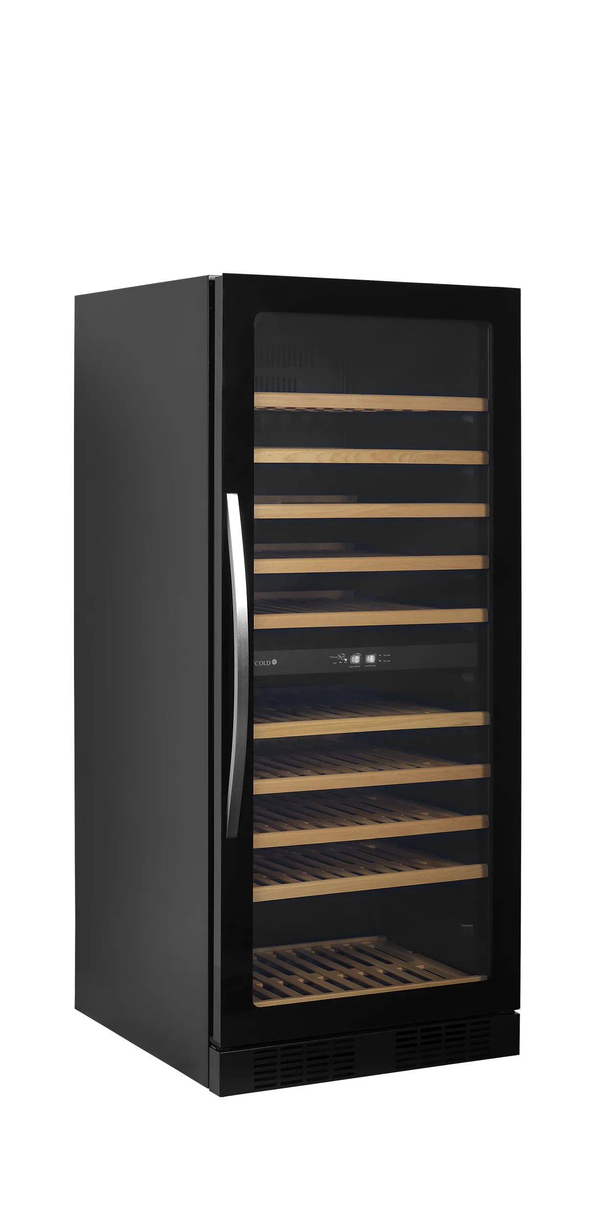 Tefcold wine cooler with glass door, wooden shelves, and LED lighting for 119 bottles.