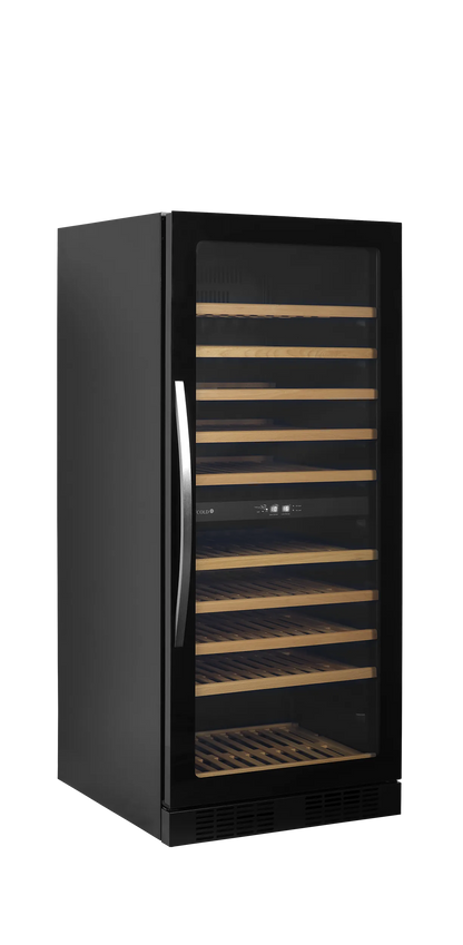 Tefcold wine cooler with glass door, wooden shelves, and LED lighting for 119 bottles.