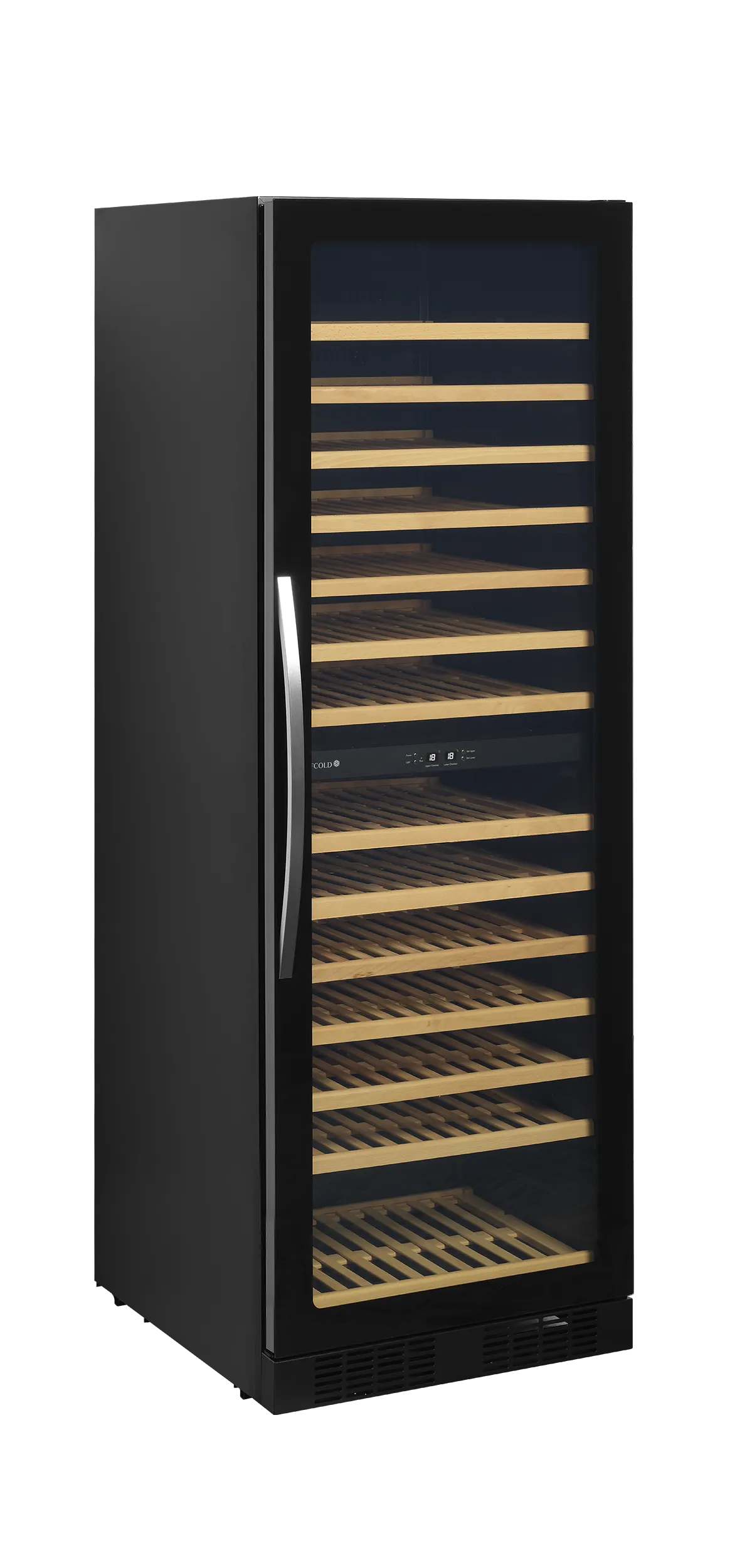 Sleek dual-zone wine cooler with glass door, LED lighting, and wooden shelves for 163 bottles.