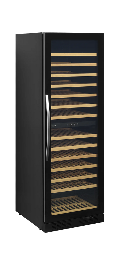 Sleek dual-zone wine cooler with glass door, LED lighting, and wooden shelves for 163 bottles.