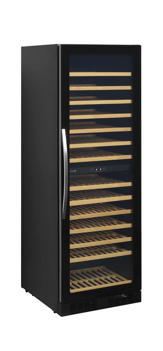 Sleek dual-zone wine cooler with glass door, LED lighting, and wooden shelves for 163 bottles.