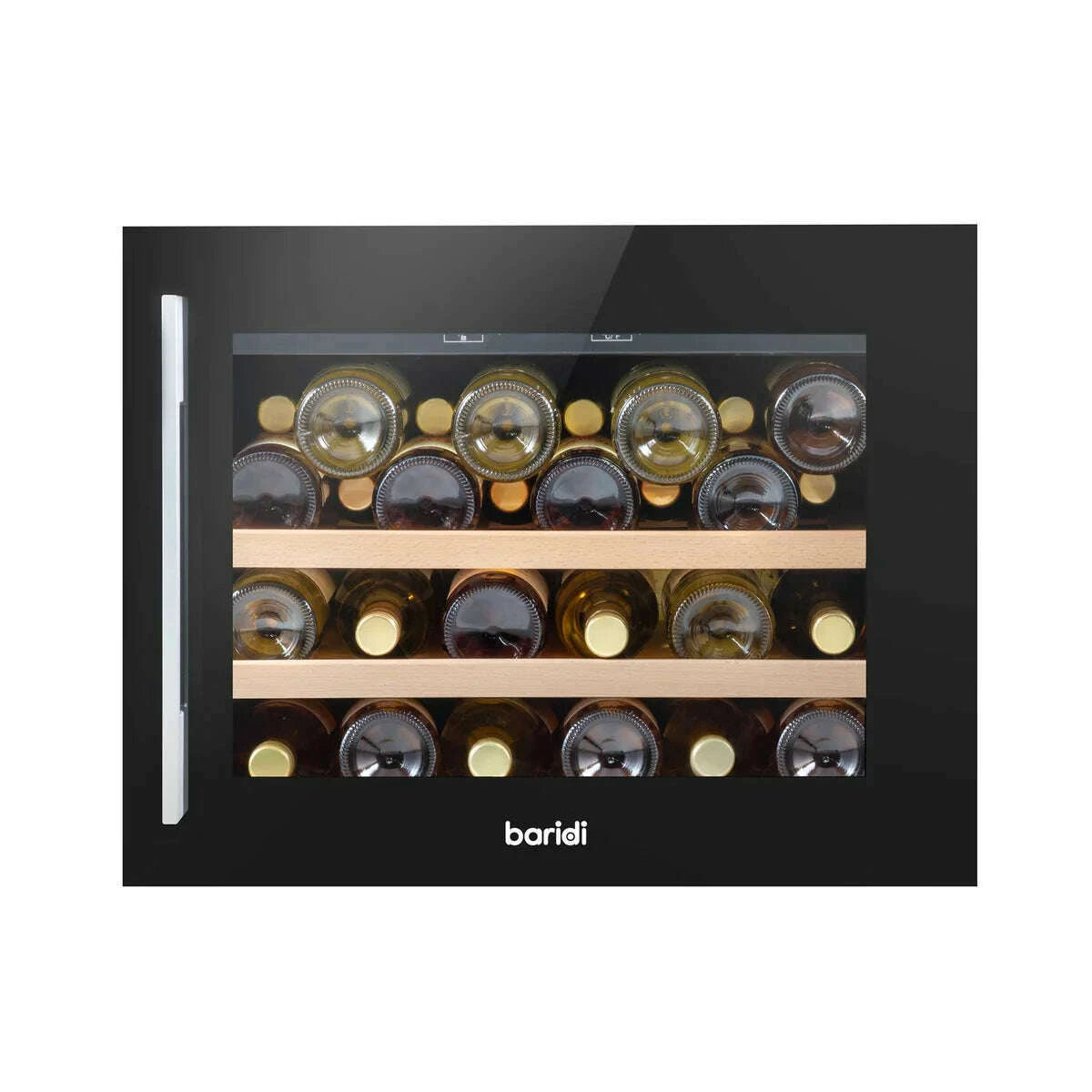Black Baridi 60cm wine cooler with beech wood shelves, holding 28 bottles, touch controls visible.