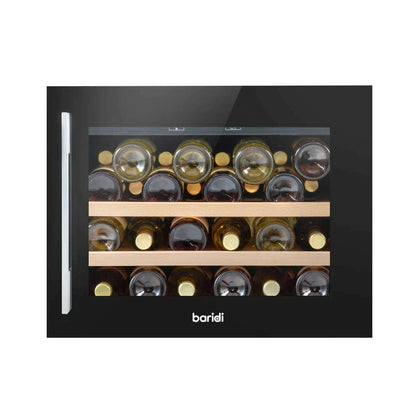 Black Baridi 60cm wine cooler with beech wood shelves, holding 28 bottles, touch controls visible.