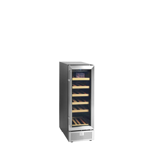 Sleek black wine cooler with glass door, holds 19 bottles, LED lighting, and wooden shelves.