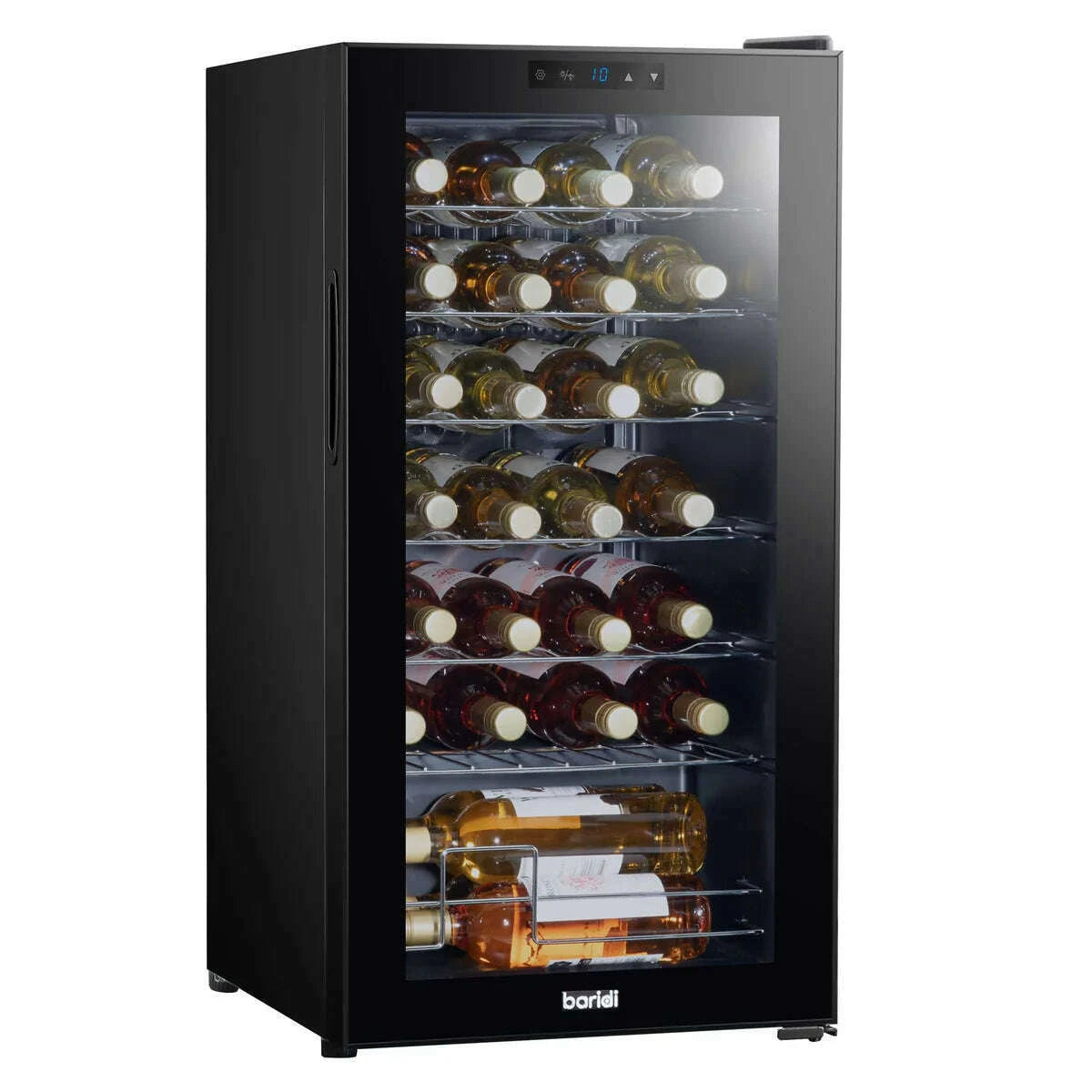 Sleek black wine cooler with digital controls, LED light, and glass door, holds 28 bottles.