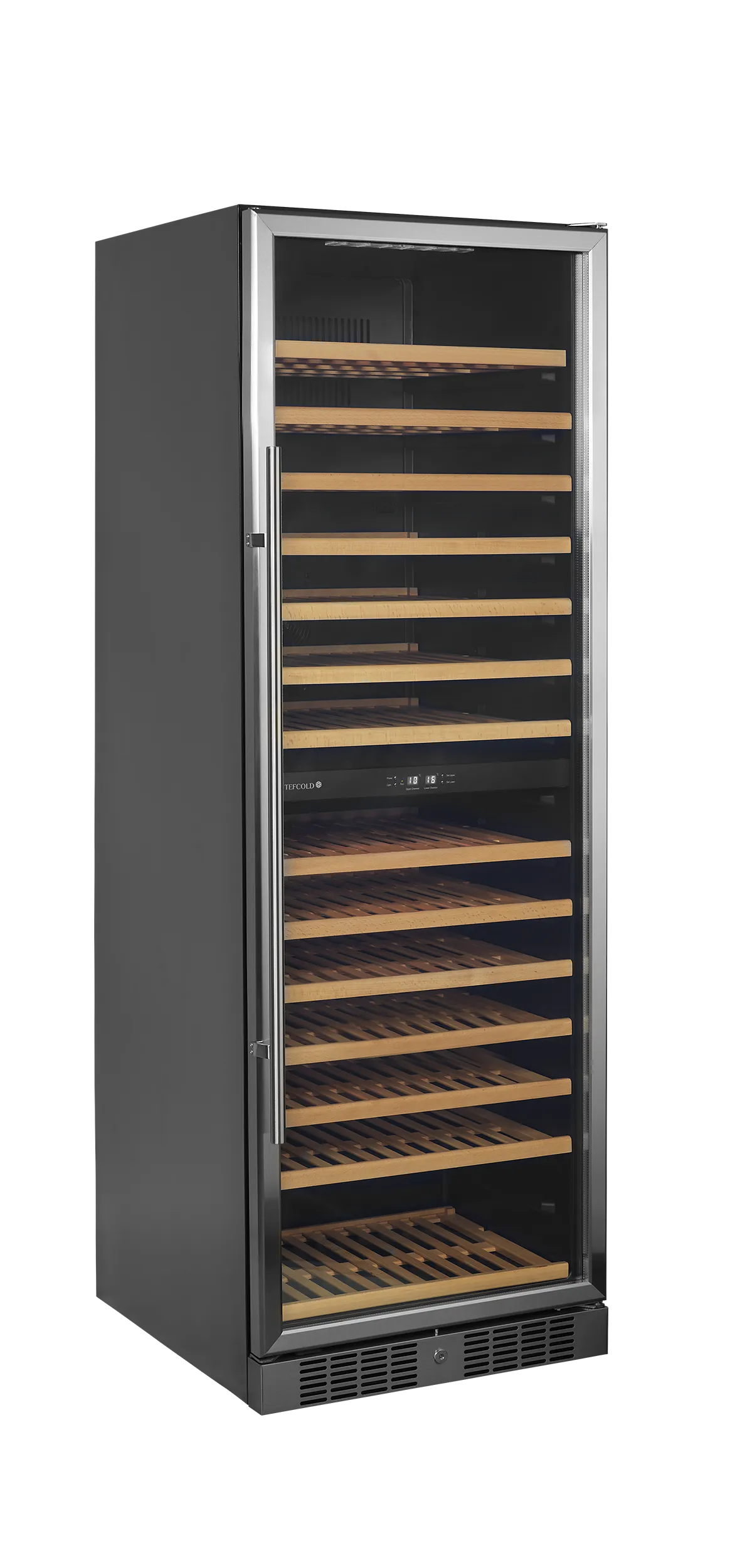 Sleek dual-zone wine cabinet with glass door, showcasing 163 bottle capacity and LED lighting.