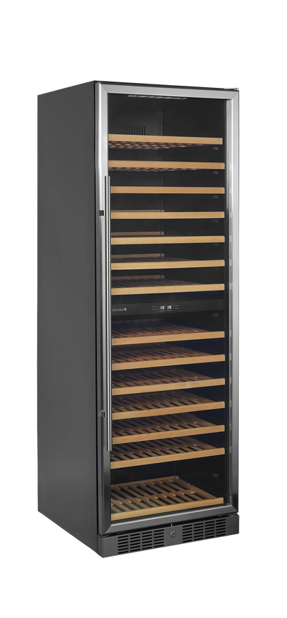 Sleek dual-zone wine cabinet with glass door, showcasing 163 bottle capacity and LED lighting.