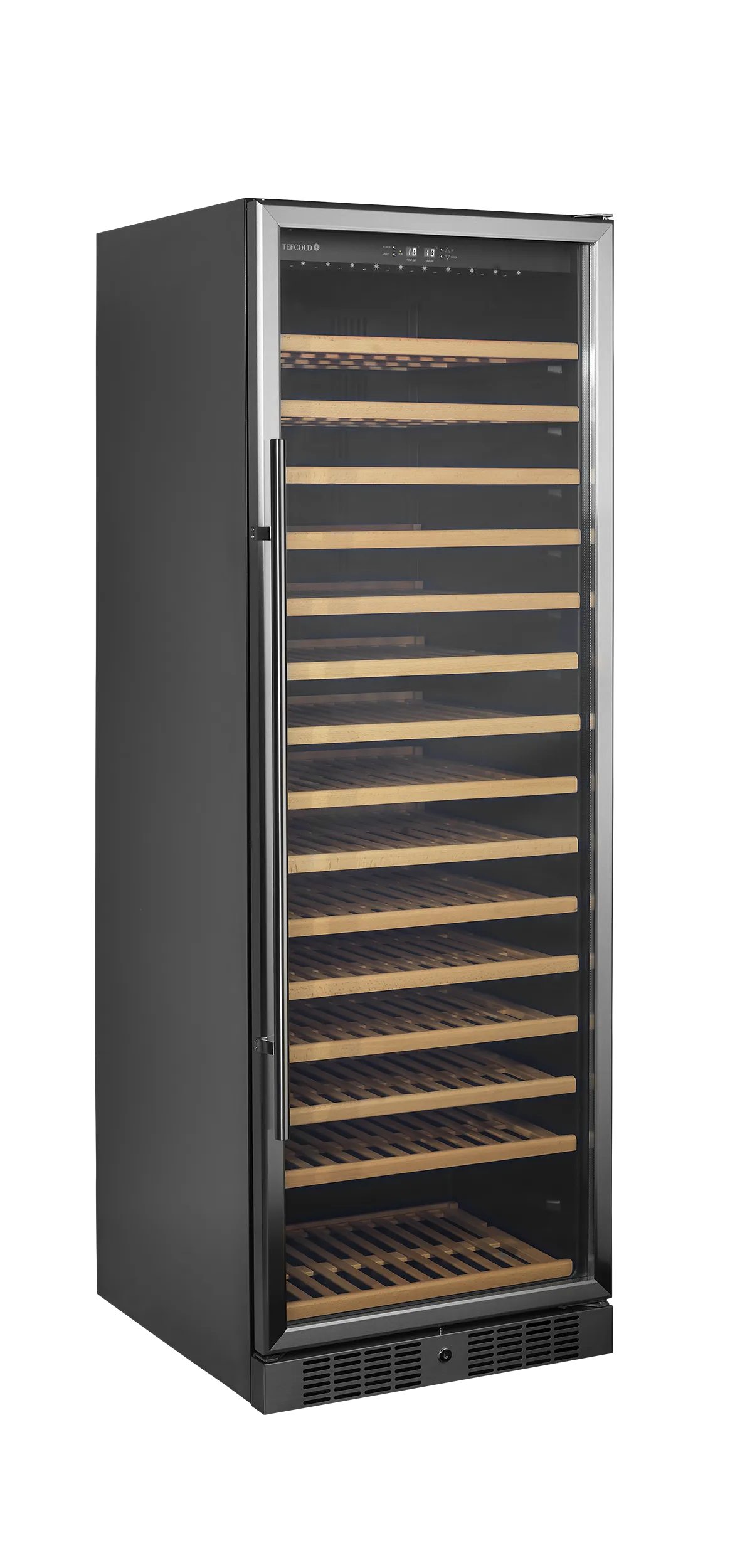 Black Tefcold wine fridge with glass door, 15 wooden shelves, and LED lighting.