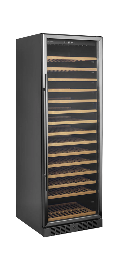 Black Tefcold wine fridge with glass door, 15 wooden shelves, and LED lighting.