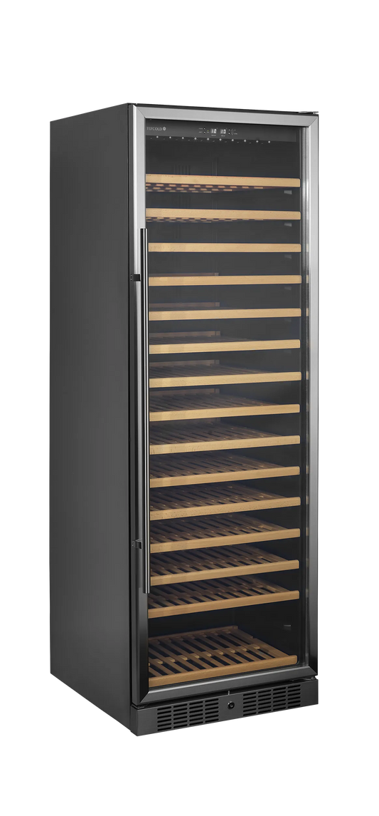 Black Tefcold wine fridge with glass door, 15 wooden shelves, and LED lighting.