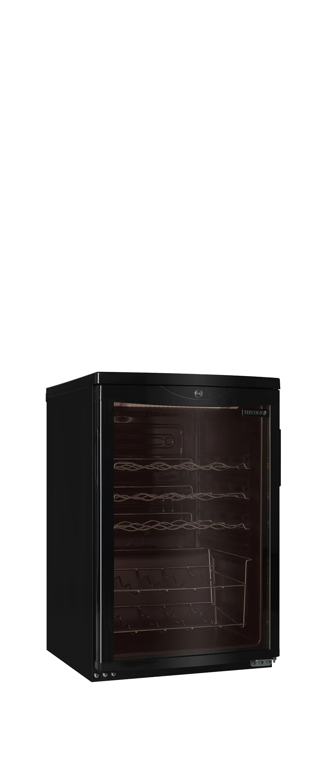 22-bottle black wine cooler with glass door, LED lighting, and fan-assisted cooling.