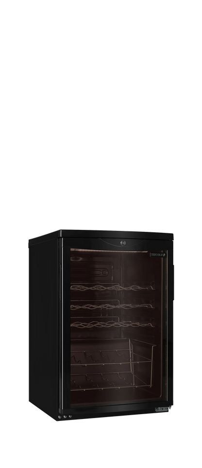 22-bottle black wine cooler with glass door, LED lighting, and fan-assisted cooling.