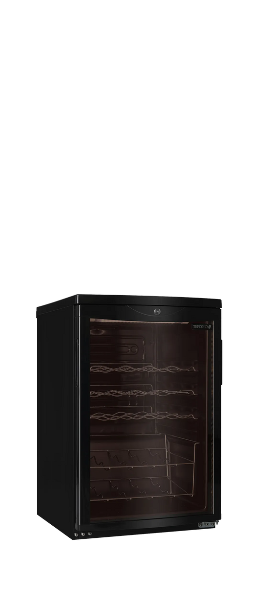 22-bottle black wine cooler with glass door, LED lighting, and fan-assisted cooling.
