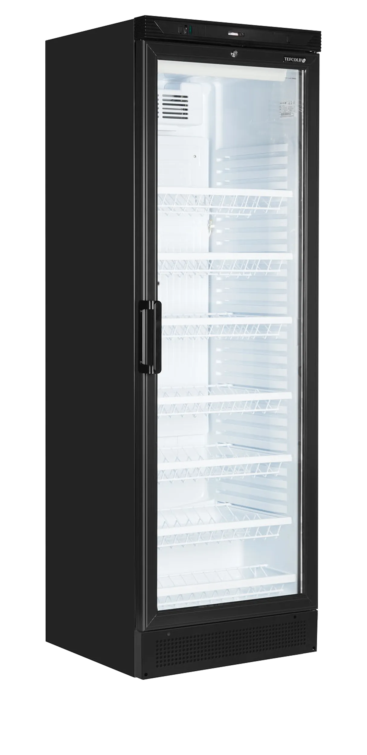 Sleek black Tefcold wine fridge with glass door, showcasing 78 bottles in a stylish display.