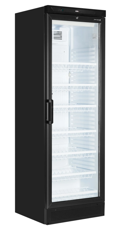 Sleek black Tefcold wine fridge with glass door, showcasing 78 bottles in a stylish display.
