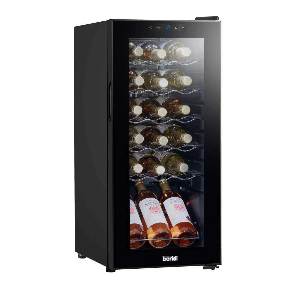 Sleek black wine cooler with digital touch controls, holds 18 bottles, LED-lit interior.