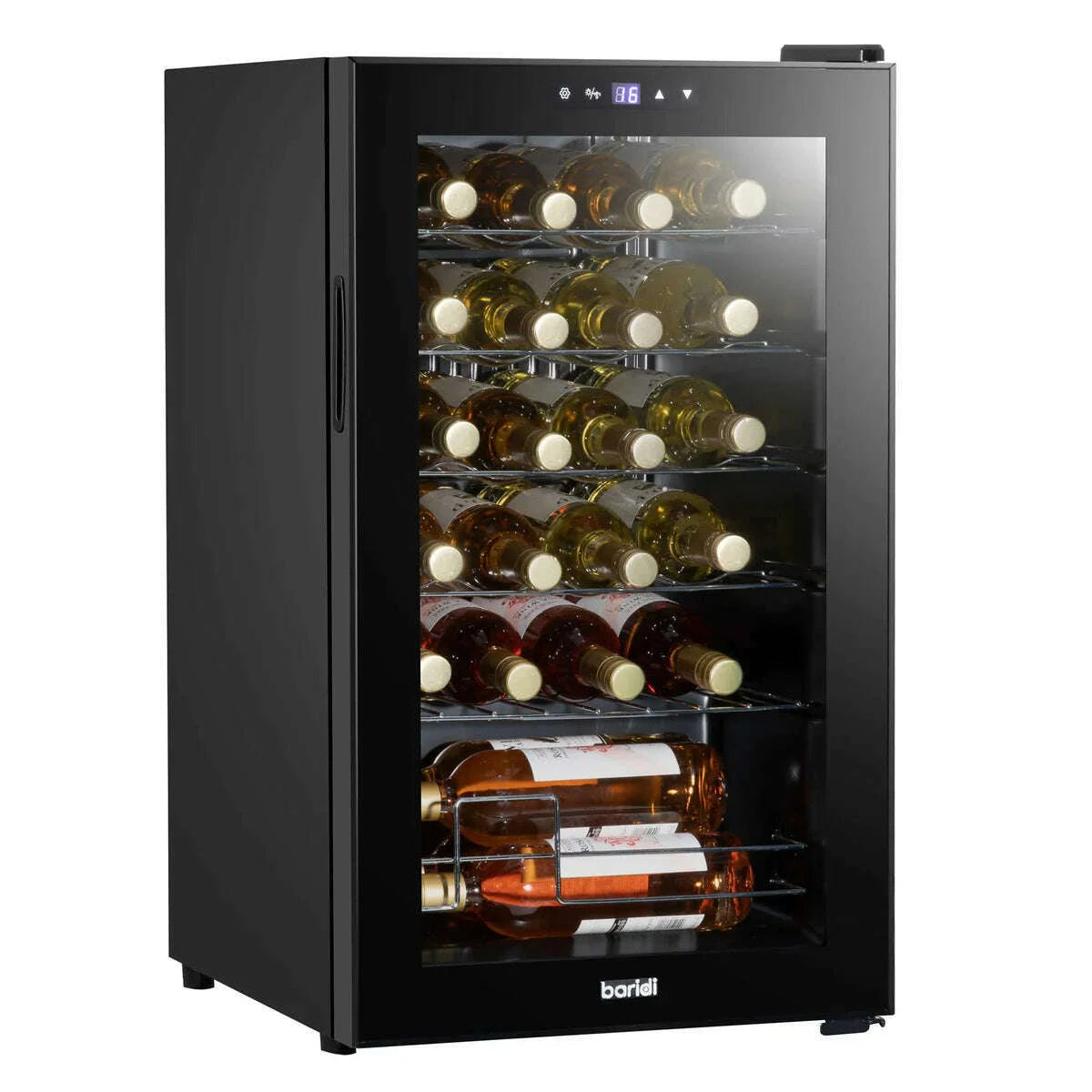Black Baridi wine cooler with digital controls, LED light, and glass door, holds 24 bottles.
