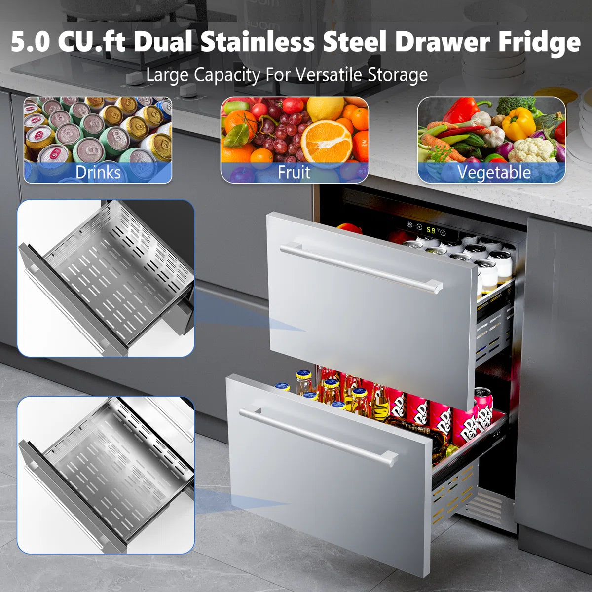 23.4” 5.0 Cu.Ft. Under Counter Stainless Beverage Refrigerator Built-in Or Freestanding.