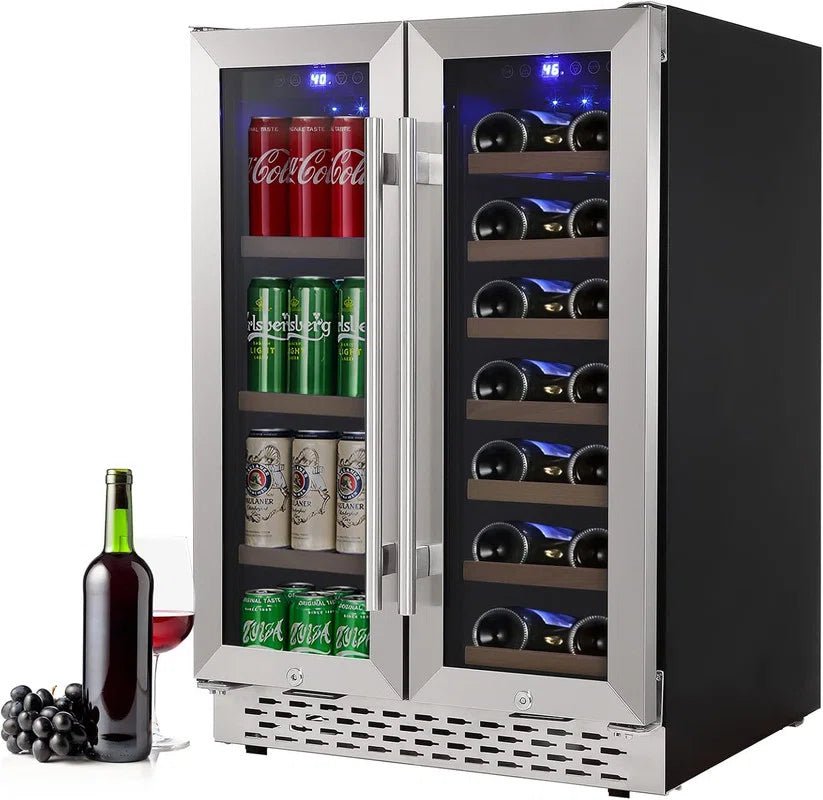 24" Dual Zone Wine Cooler - 20 Bottle & 55 Can Capacity with Quiet Compressor, Blue LED for Home Bar