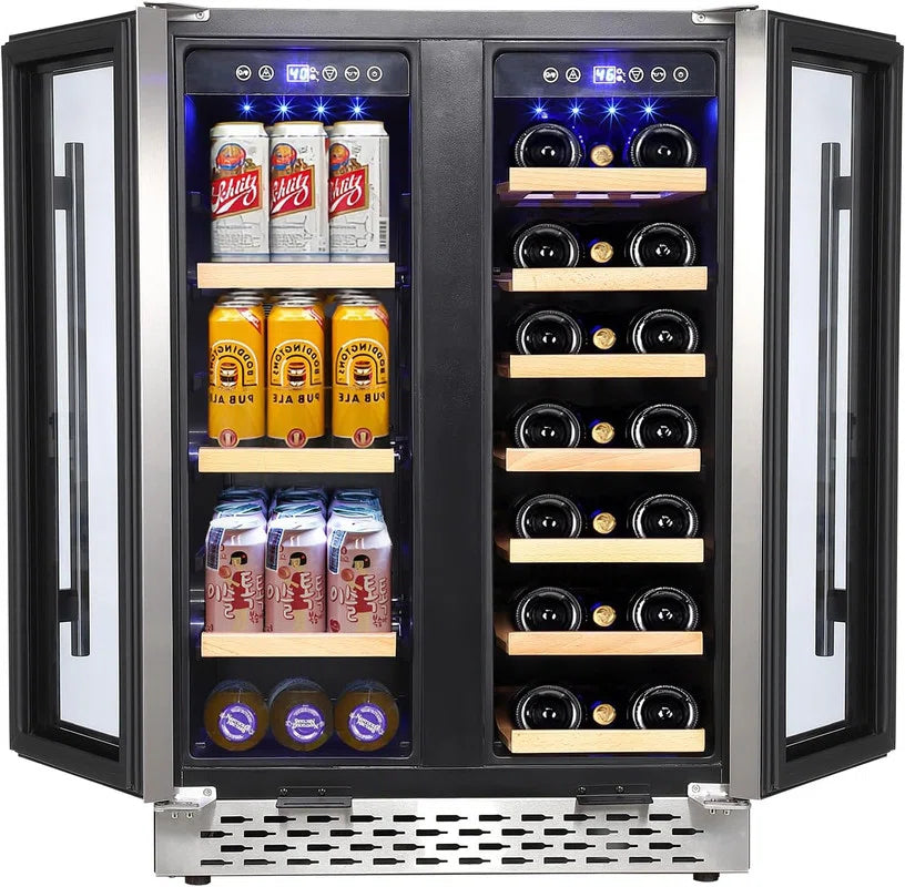 24" Dual Zone Wine Cooler - 20 Bottle & 55 Can Capacity with Quiet Compressor, Blue LED for Home Bar