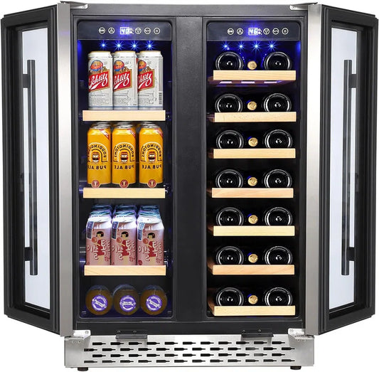 24" Dual Zone Wine Cooler - 20 Bottle & 55 Can Capacity with Quiet Compressor, Blue LED for Home Bar