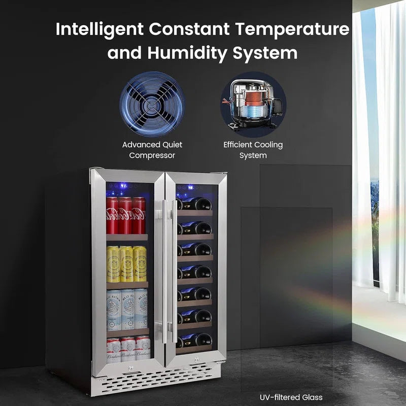 24" Dual Zone Wine Cooler - 20 Bottle & 55 Can Capacity with Quiet Compressor, Blue LED for Home Bar