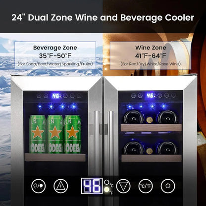 24" Dual Zone Wine Cooler - 20 Bottle & 55 Can Capacity with Quiet Compressor, Blue LED for Home Bar