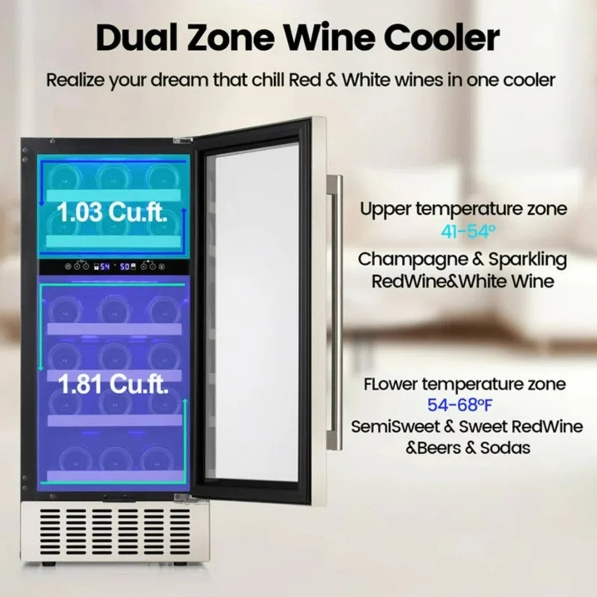 28 Bottle Dual Zone Wine & Beverage Cooler with Digital Lock, emperature Memory Function, Built-In/Undercounter Design, Stainless Steel & Double Tempered Glass Door for Home/Office/Bar