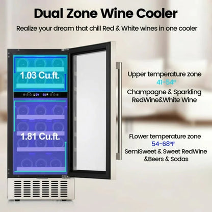 28 Bottle Dual Zone Wine & Beverage Cooler with Digital Lock, emperature Memory Function, Built-In/Undercounter Design, Stainless Steel & Double Tempered Glass Door for Home/Office/Bar