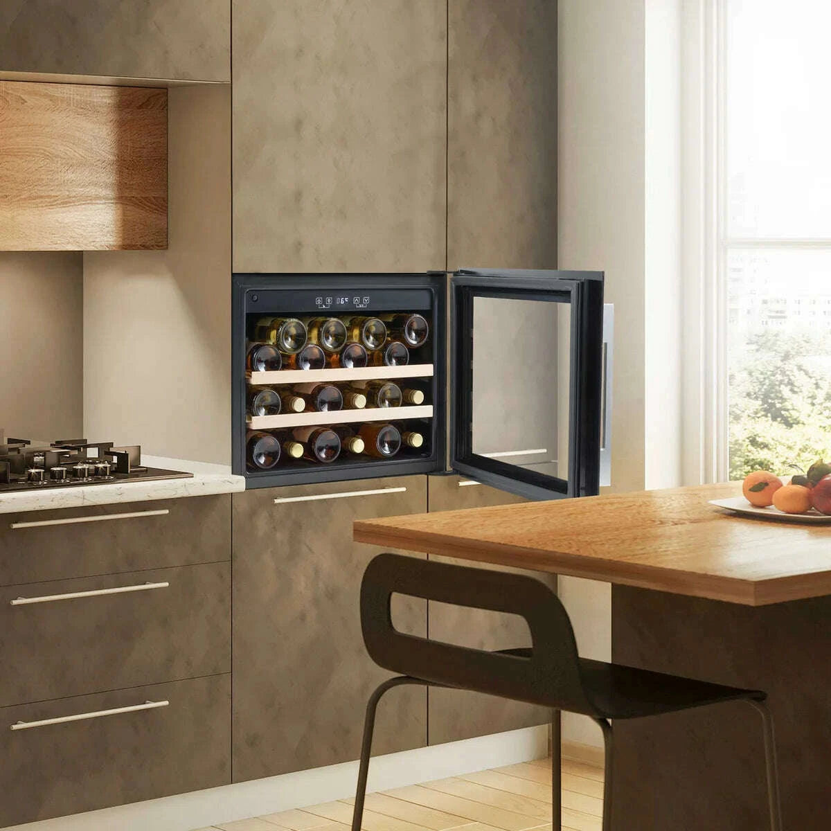 Black 60cm Baridi wine cooler with beech wood shelves, touch controls, and LED lighting.
