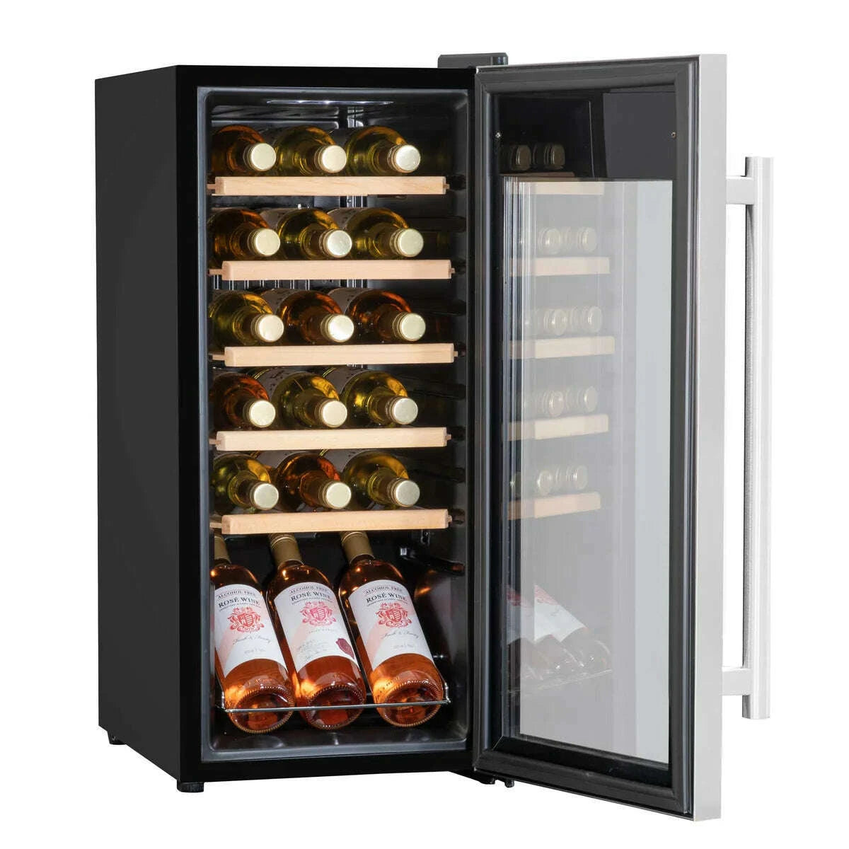 Sleek Baridi wine cooler with touch controls, LED light, and mirrored glass door, holds 18 bottles.