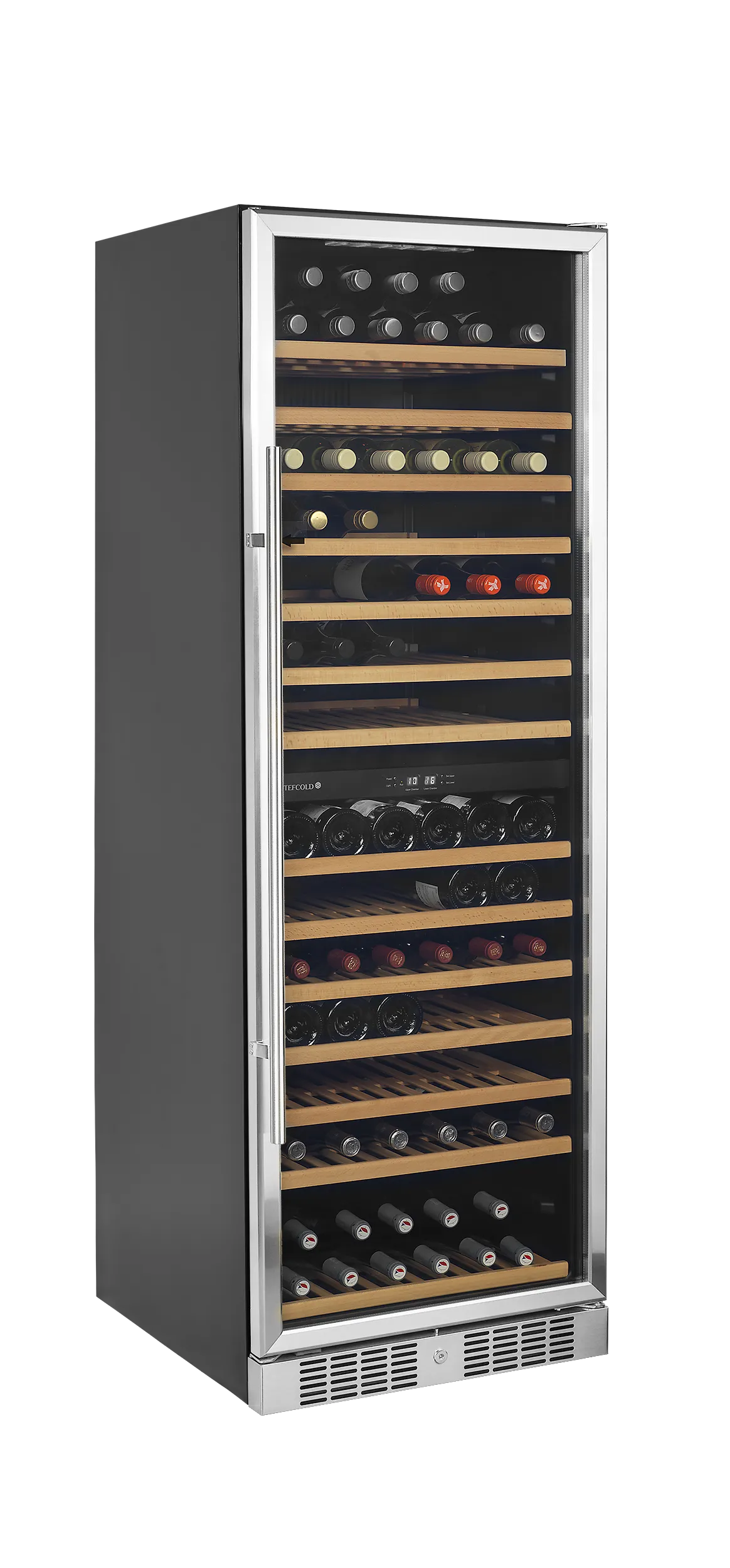 Tefcold dual-zone wine cabinet with glass door, wooden shelves, and LED lighting, holds 163 bottles.