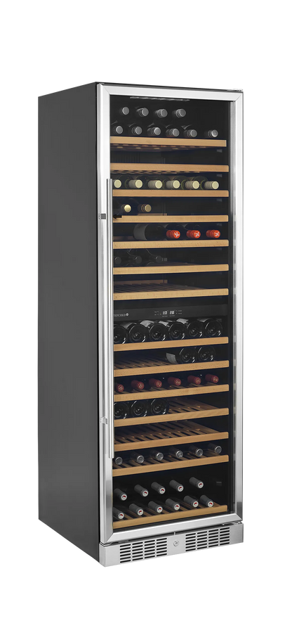 Tefcold dual-zone wine cabinet with glass door, wooden shelves, and LED lighting, holds 163 bottles.