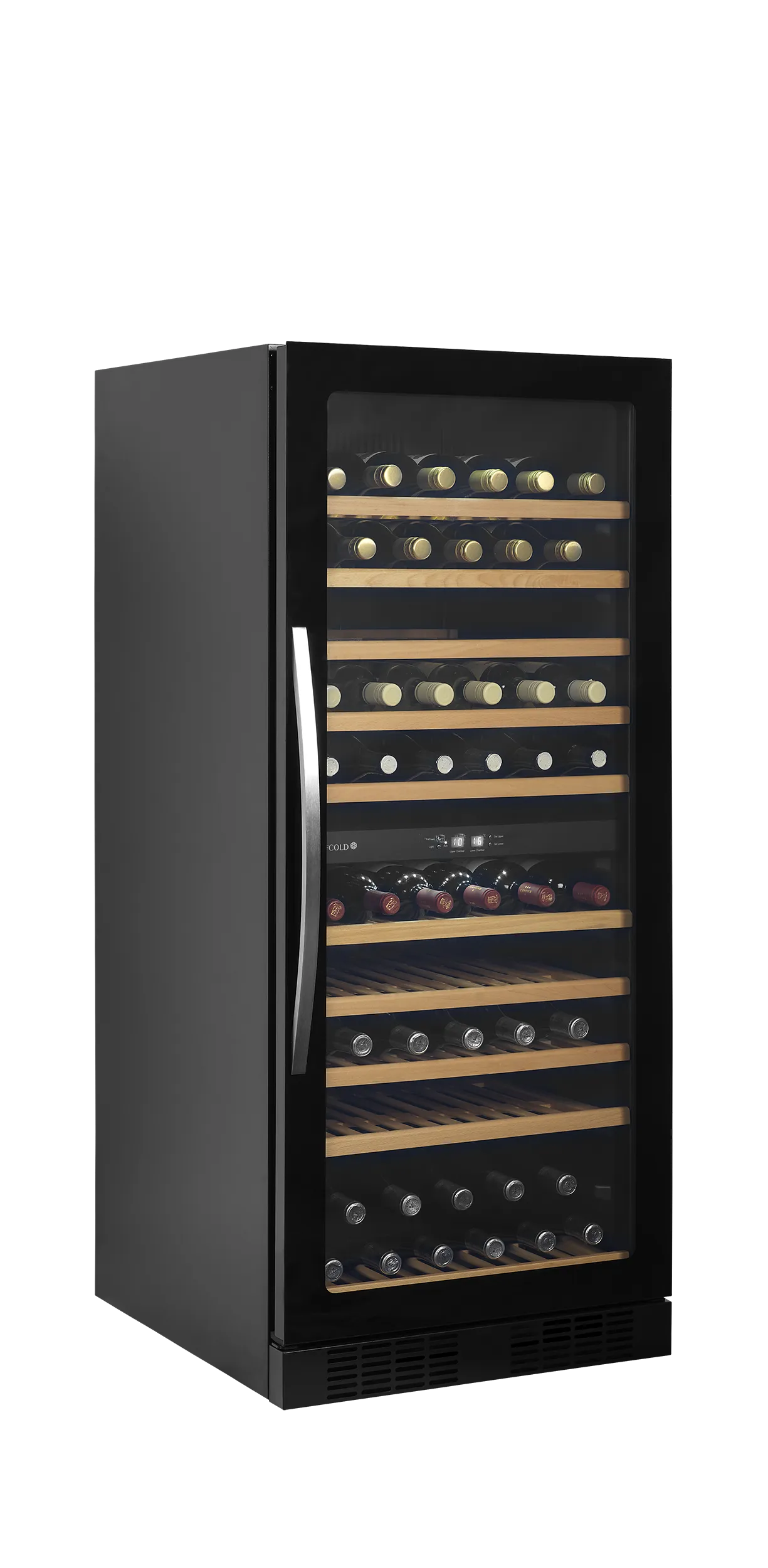 Tefcold 119-bottle dual-zone wine cooler with glass door, wooden shelves, and LED lighting.