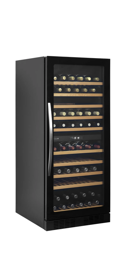 Tefcold 119-bottle dual-zone wine cooler with glass door, wooden shelves, and LED lighting.