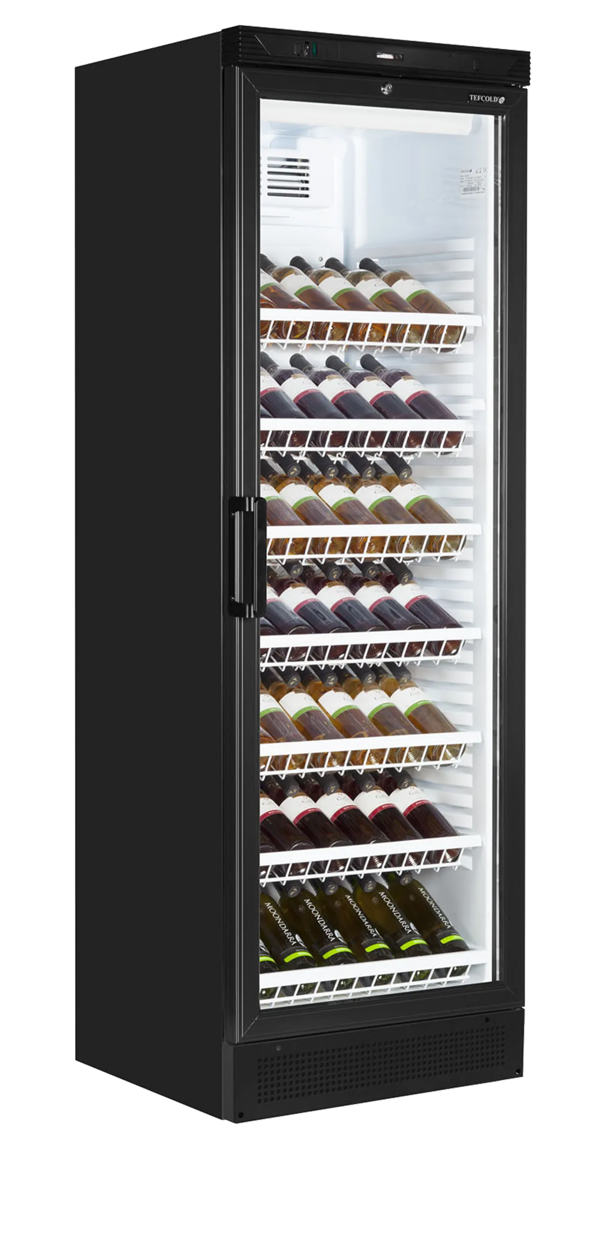 Sleek black 78-bottle wine fridge with glass door, showcasing elegant wine storage.