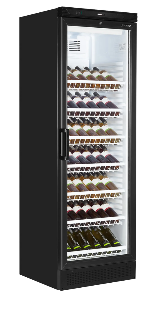 Sleek black 78-bottle wine fridge with glass door, showcasing elegant wine storage.