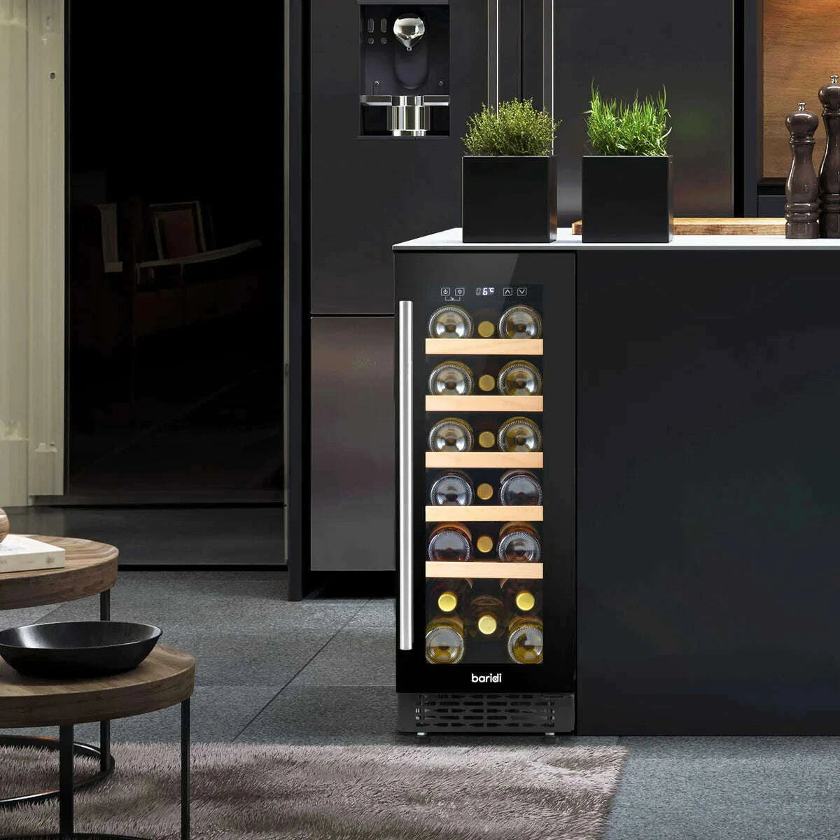 Sleek 30cm Baridi wine cooler with digital controls, beech shelves, and LED lighting.