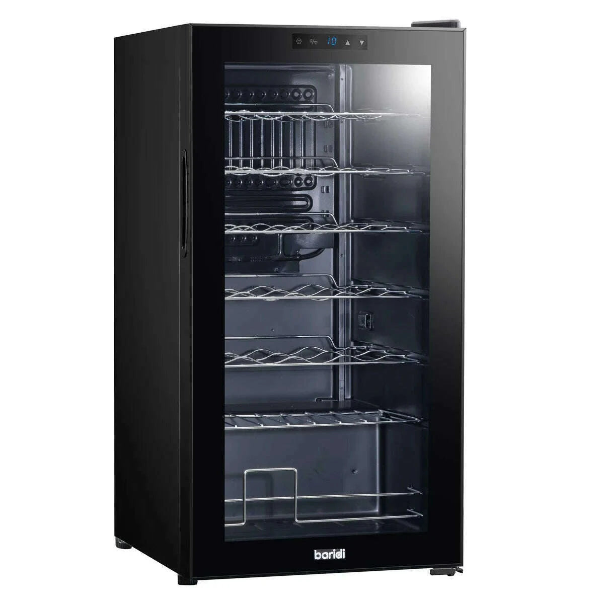 Black Baridi wine cooler with digital controls, glass door, holds 28 bottles, fits under counter.