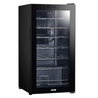 Black Baridi wine cooler with digital controls, glass door, holds 28 bottles, fits under counter.