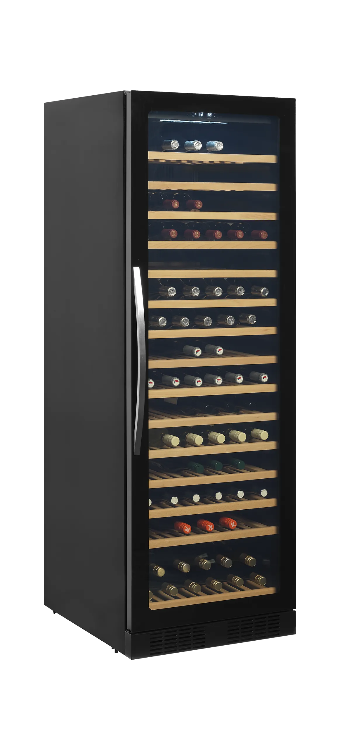 Tefcold wine cooler with glass door, 165-bottle capacity, wooden shelves, and LED lighting.