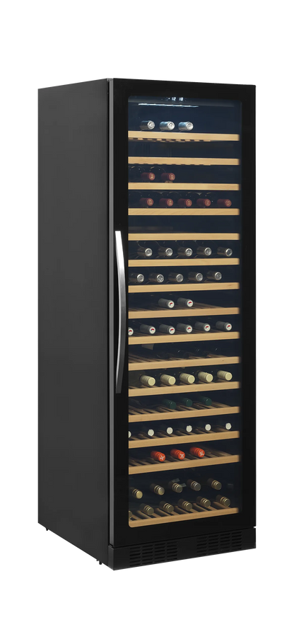 Tefcold wine cooler with glass door, 165-bottle capacity, wooden shelves, and LED lighting.