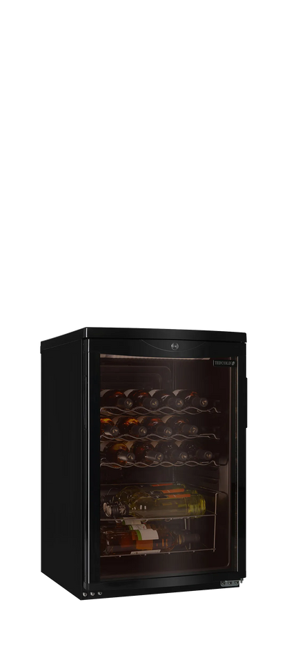 22-bottle wine cooler with glass door, LED lighting, black finish, and adjustable shelves.