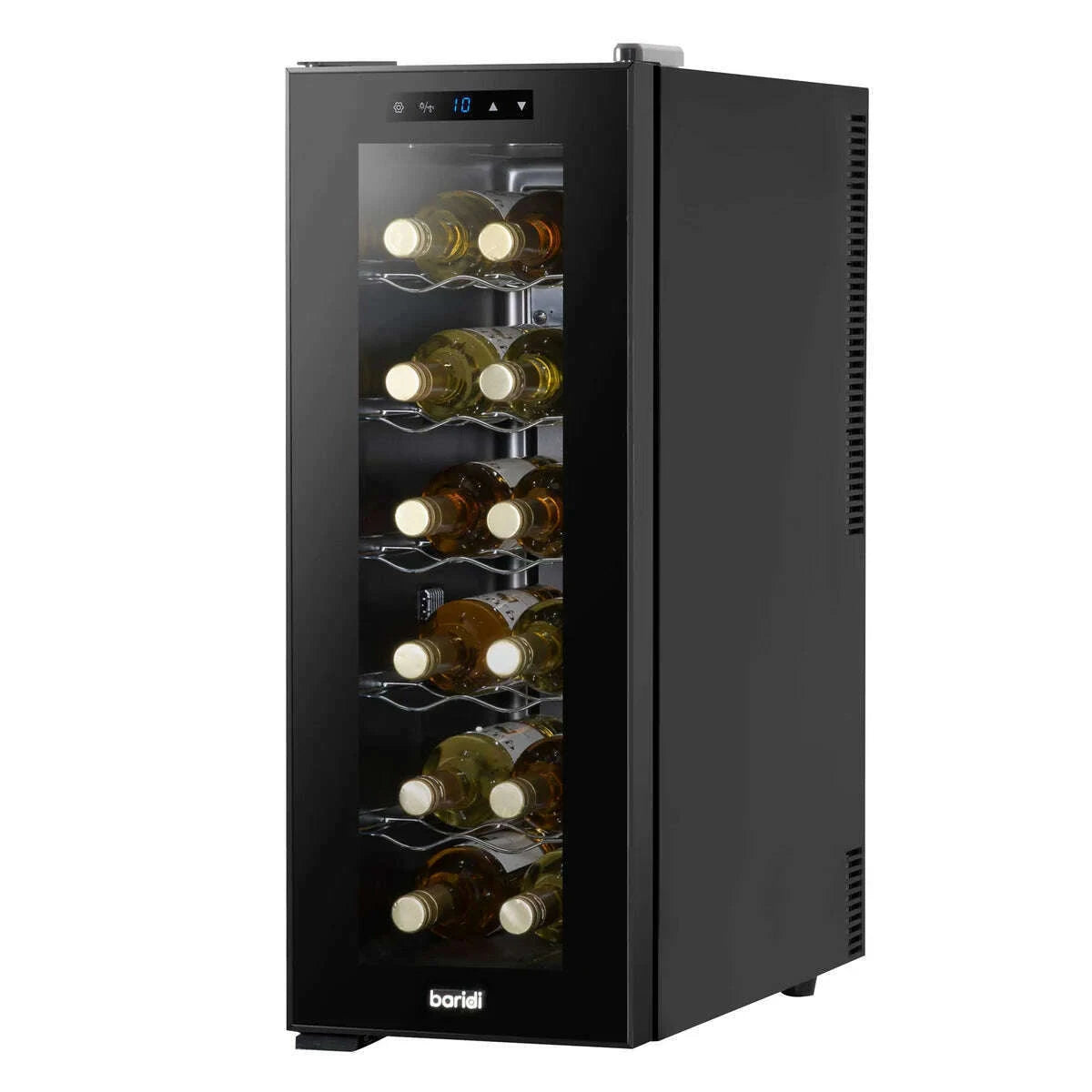 Sleek black 12-bottle wine fridge with touch controls, LED display, and mirrored glass door.