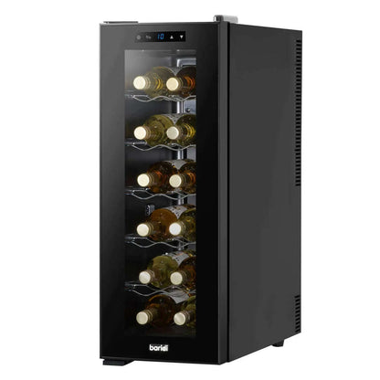 Sleek black 12-bottle wine fridge with touch controls, LED display, and mirrored glass door.