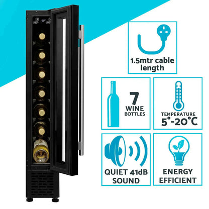 Slim black wine cooler with digital controls, fits 7 bottles, 15cm wide, sleek kitchen design.
