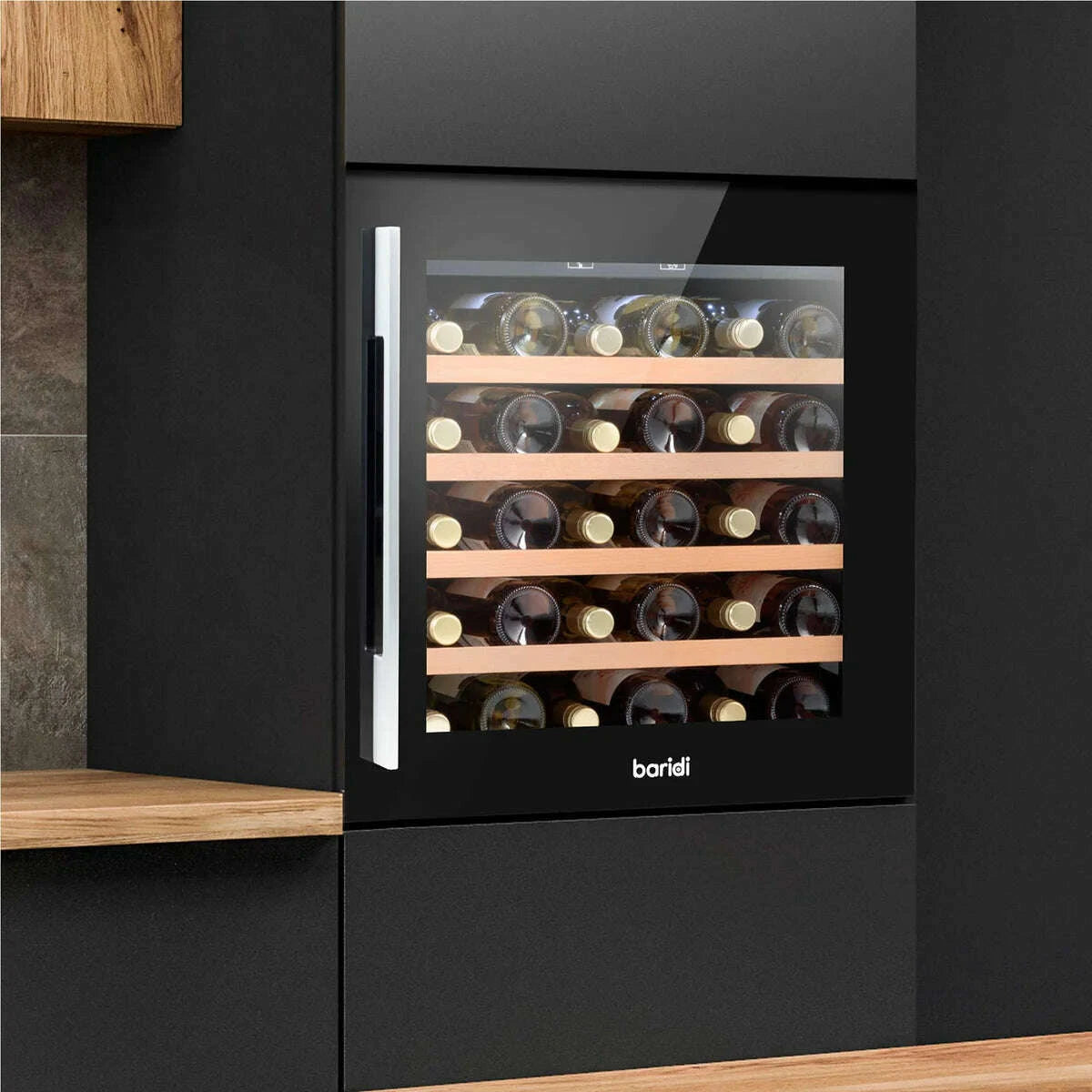 Black 60cm Baridi wine cooler with beech wood shelves, touch controls, and LED light.