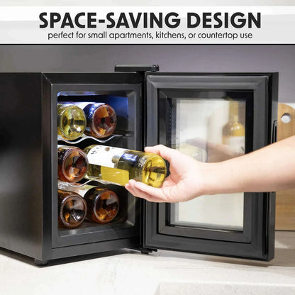 Sleek Baridi 6-bottle wine cooler with glass door and touch controls on a kitchen countertop.