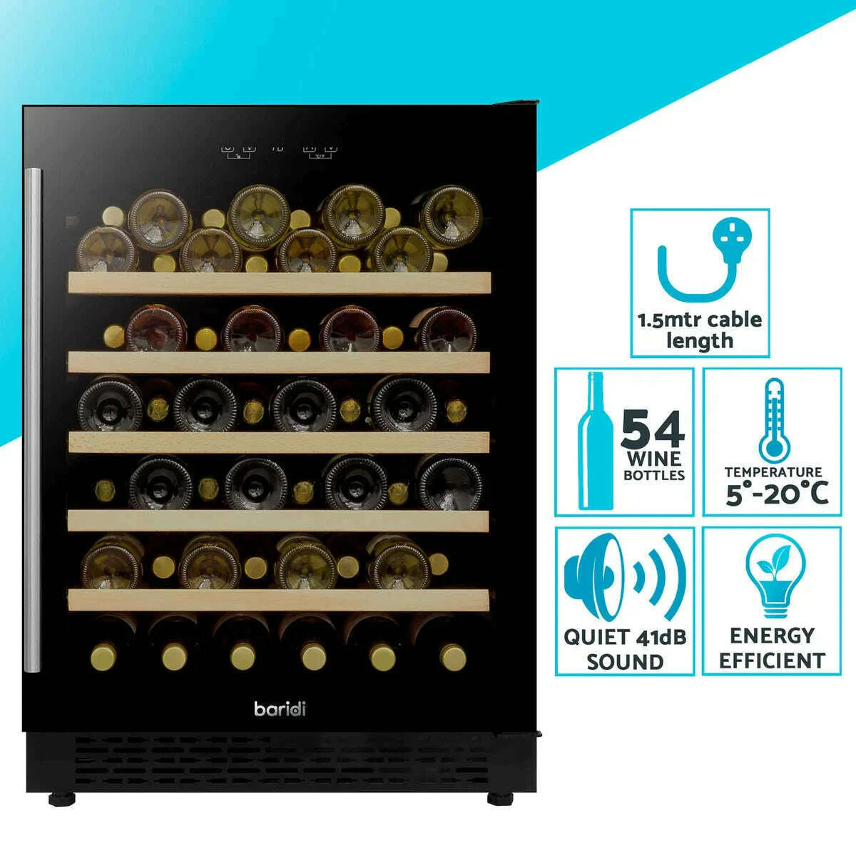 Baridi 54 Bottle Wine Cooler with sleek glass door, digital controls, and stainless steel handle.